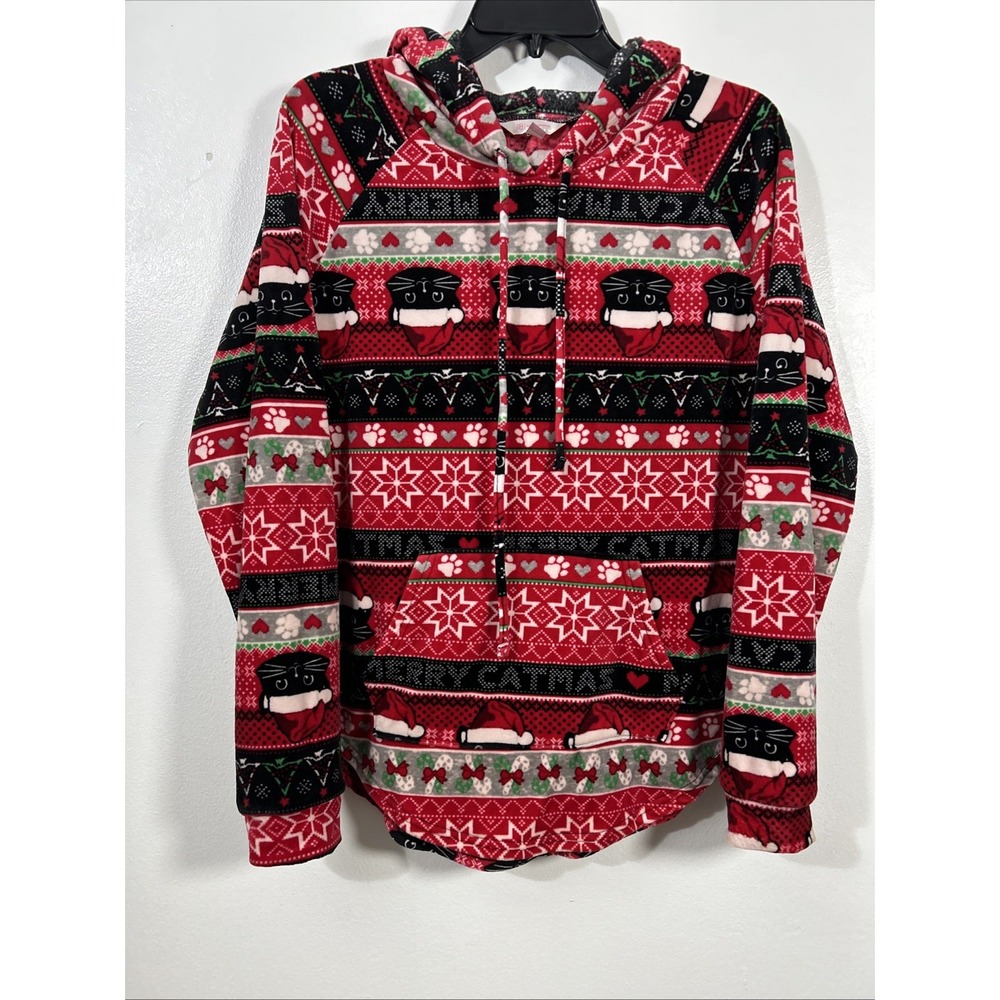 No Boundaries Junior XL 15/17 Red Hoodie Pocket Merry Catmas Cat Holiday 6449 - Picture 2 of 9
